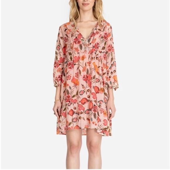 Johnny Was Peach w/Magenta & Orange Floral Print Long Sleeve Dress w/Slip 1X - Picture 1 of 12